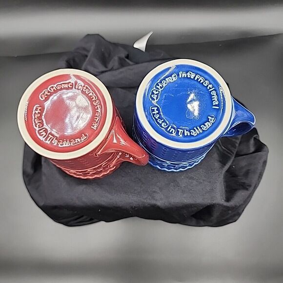 At Home International Heart House mugs Set of 2 Cranberry & Cobalt Blue 12-14 oz - Picture 7 of 9